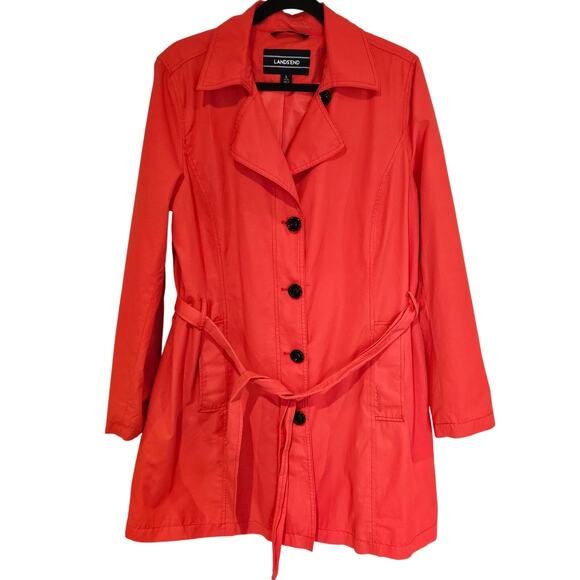 Lands end womens trench rain coat large XL 14/16 coral red orange Belted button - Picture 1 of 9